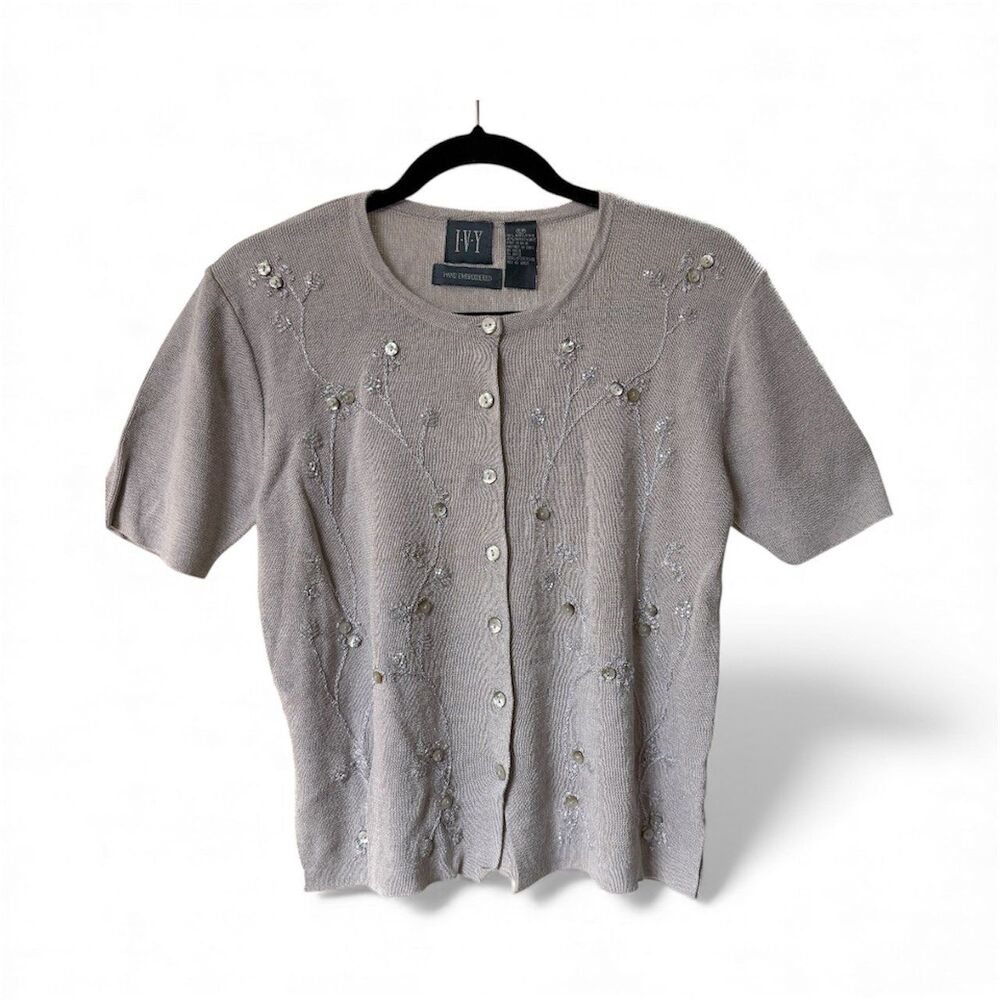 I.V.Y. Vintage‎ Hand Embroidered Short Sleeve Button-Up Cardigan Pink Women's SP
